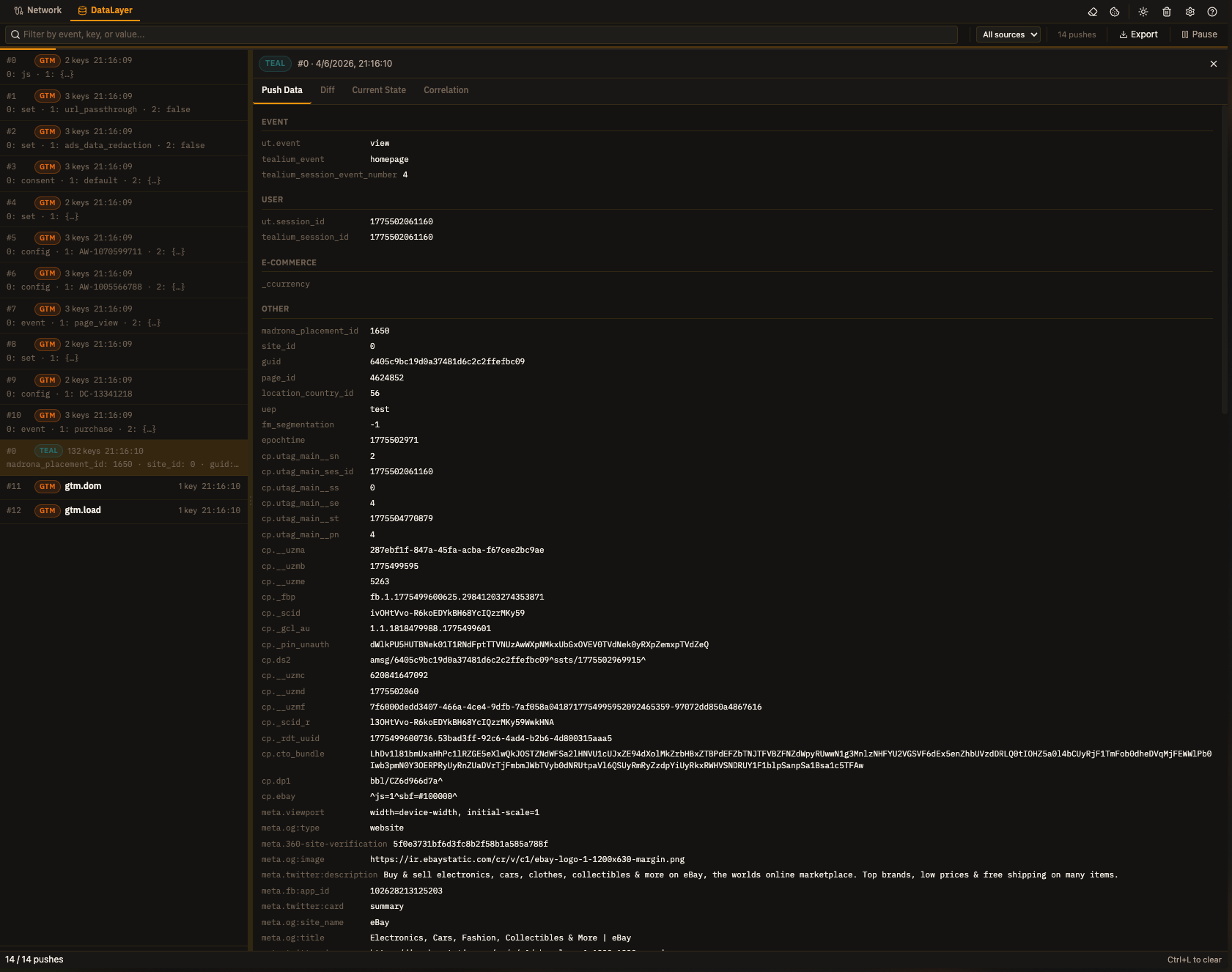 TagDragon DataLayer tab inspecting GTM push events on eBay