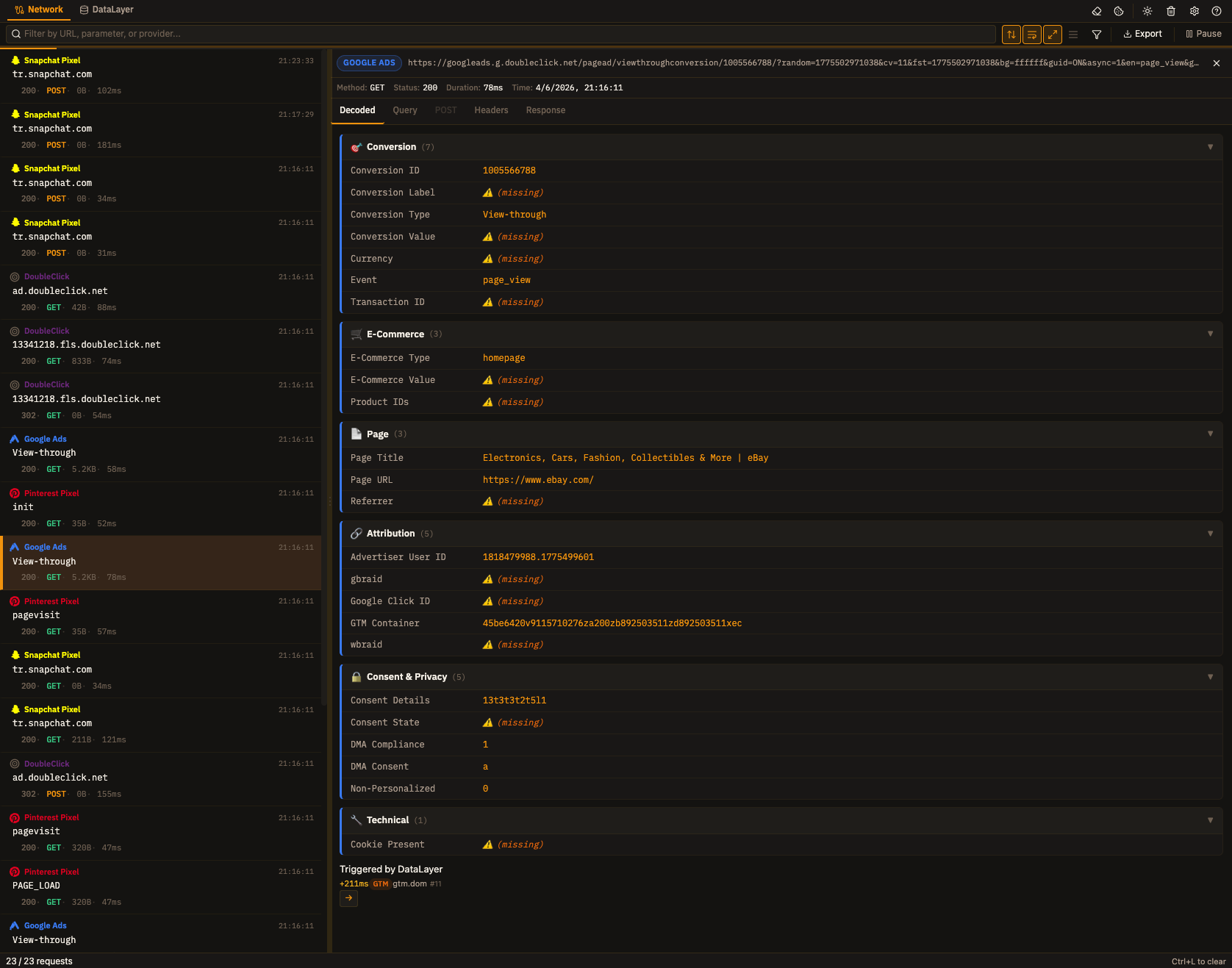 TagDragon DevTools panel decoding a tracking request on eBay